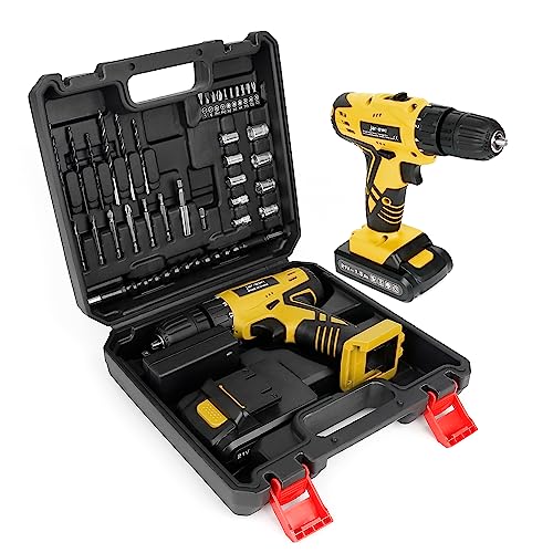 Jar-Owl 21V Cordless Drill, 350 in-lb Torque, 0-1350RMP Variable Speed, 10MM 3/8'' Keyless Chuck, 18+1 Clutch, 1.5Ah Li-Ion Battery & Charger for Home Tool Kit - Black & Yellow