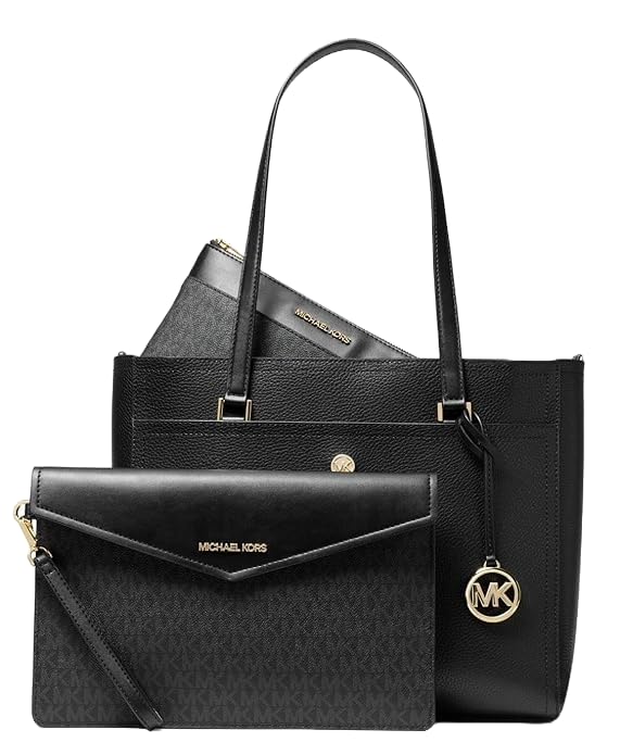 Michael Kors Maisie Large Pebbled Leather 3-IN-1 Tote Bag (Black/Gold)