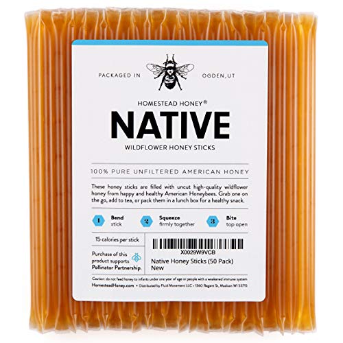 Fluid Movement Native Honey Sticks For Tea, Honey Packets Single Serve Stir Sticks, Natural Flavor, Honey Straws (Honey Sticks Bulk, 50 count)