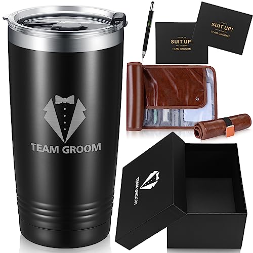 Gejoy 5 Pcs Groomsmen Proposal Gifts Including 20 oz Groomsmen Tumbler Cups Groomsmen Cards Travel Leather Toiletry Bag for Men Multitool Pen and Groomsmen Proposal Box for Wedding Bachelor Party