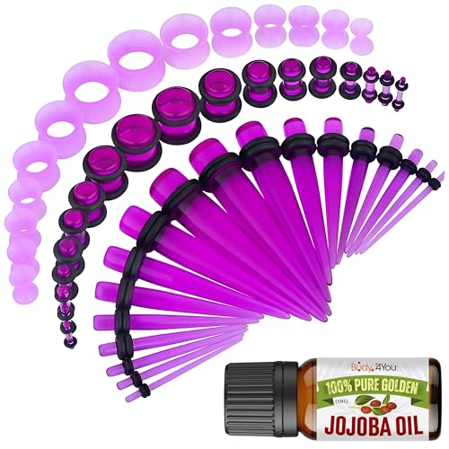 BodyJ4You 54PC Ear Stretching Kit 14G-12mm - Aftercare Jojoba Oil - Transparent Purple Acrylic Plugs Gauge Tapers Silicone Tunnels - Lightweight Expanders Men Women