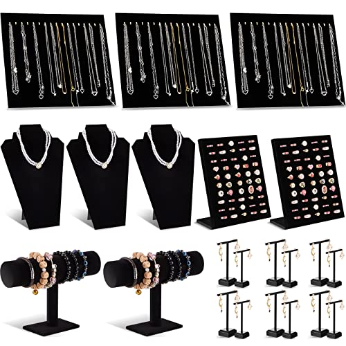 Henoyso 22 Pcs Velvet Jewelry Display Set Jewelry Display for Selling Necklace Stand Bracelet Holder T Shape Earring Stand (Black)