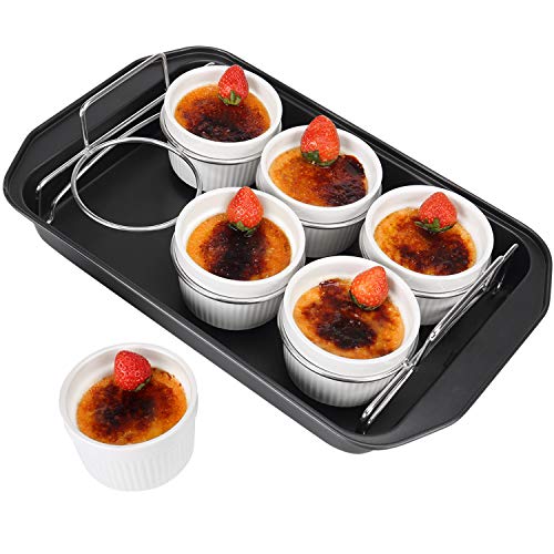 Creme Brulee Making Set - 6 Porcelain Ramekins 6 oz, 304 Stainless Steel Lifting Rack, 9' X 13' Bottom Pan