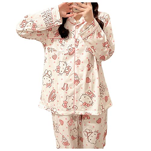 Cute Fashion Long Sleeve Cardigan Pajamas Set Kawaii Leisure Loose Two-Piece Sleepwear Set For Women Girls-M