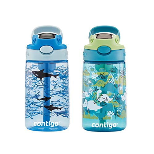 Contigo Aubrey Kids Cleanable Water Bottle with Silicone Straw and Spill-Proof Lid, Dishwasher Safe, 14oz 2-Pack, Dinos & Sharks