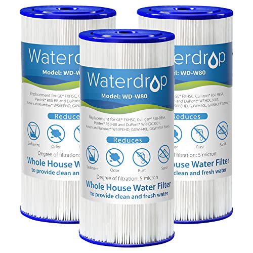 Waterdrop W50PEHD Whole House Water Filter, Replacement for American Plumber, W10-PR, Culligan R50-BBSA, GE FXHSC, GXWH40L, GXWH35F, 5 Micron, 10' x 4.5', High Flow Sediment Filters, Pack of 3