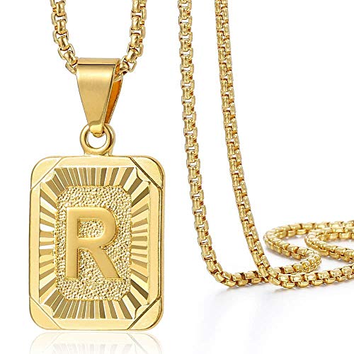 Trendsmax Initial Letter Pendant Necklace for Mens Womens Gold Plated Letter R Pendant Necklace Stainless Steel Box Link Chain 22inch