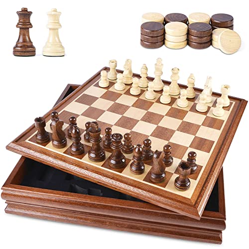 VAMSLOVE Chess and Checkers Board Game Sets for Adults Wooden Deluxe 15 inch Wood Board Box with Storage, Classic 2 in 1 Large Size with Chess Pieces - 3” King Height - 2 Extra Queens