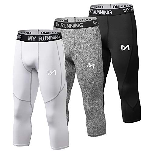 MEETYOO Men's 3/4 Compression Pants Legging Tips Cool Dry Sport Workout HeatGear Capri Base Layer, 3 Pack-c, Large