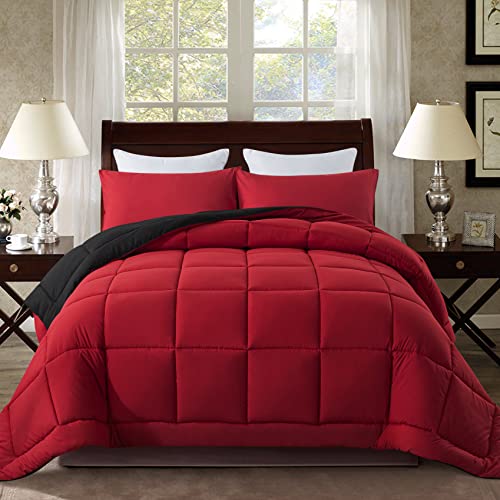 DOWNCOOL Full Size Comforter Sets -All Season Bedding Comforters Sets with 2 Pillow Cases -3 Pieces Bed Set Down Alternative Comforter Set -Red/Black Bedding Sets Full(82'x86')