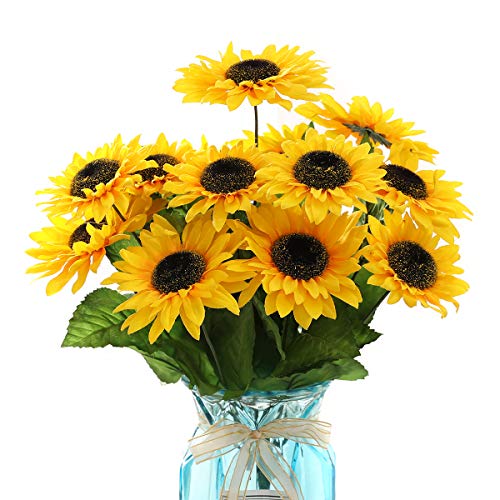 DerBlue 15.74'' Artificial Sunflowers Bouquet with 14 Heads(Two Different Diameter of Flowers) and 40 Leaves Fake Silk Sunflowers Bouquet for Home Office Parties and Wedding Decoration