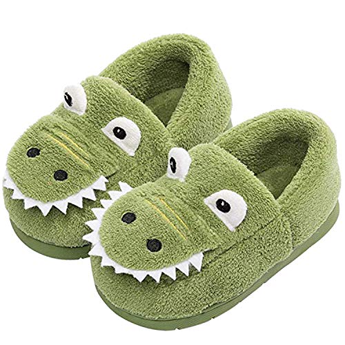 JACKSHIBO Girls Boys Home Slippers Warm Dinosaur House Slippers For Toddler Fur Lined Winter Indoor shoes Green 7-8 Toddler