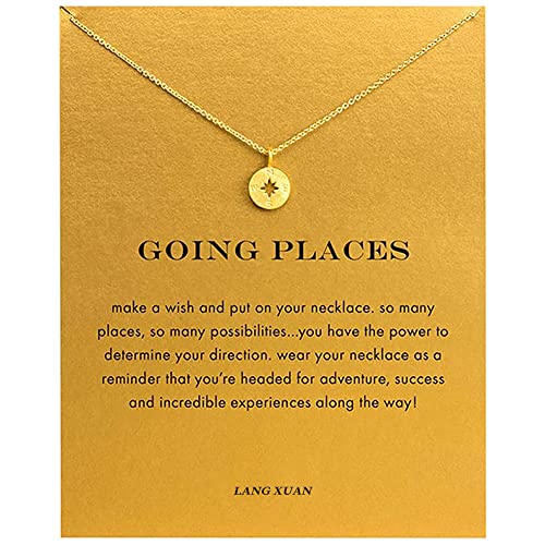 LANG XUAN Friendship Gold Compass Necklace Good Luck Elephant Pendant Chain Necklace with Message Card Gift Card