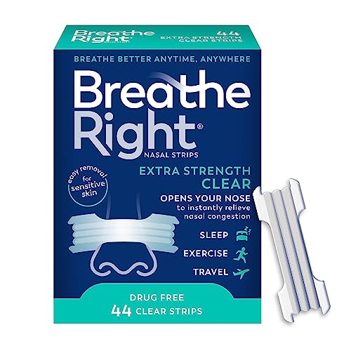 Breathe Right Nasal Strips Extra Strength Clear For Sensitive Skin Drug-Free Snoring Solution & Nasal Congestion Relief Caused by Colds & Allergies 44 Count (Packaging May Vary)
