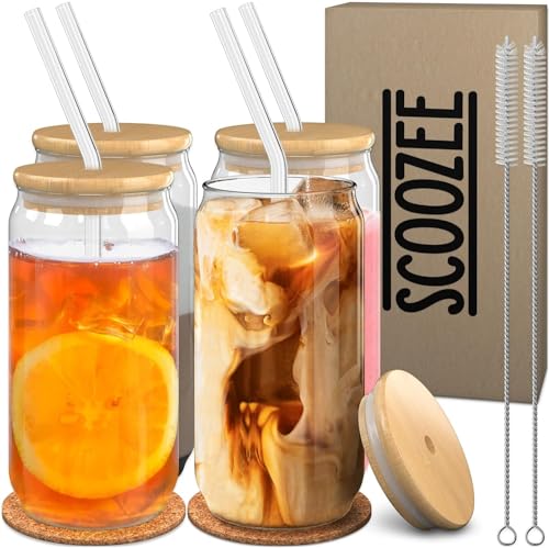 Glass Cups with Lids and Straws (18oz, Set of 4) Iced Coffee Cup, Ice Tea Glasses | Aesthetic Coffee Bar Accessories Home Essentials New Apartment Housewarming Gift