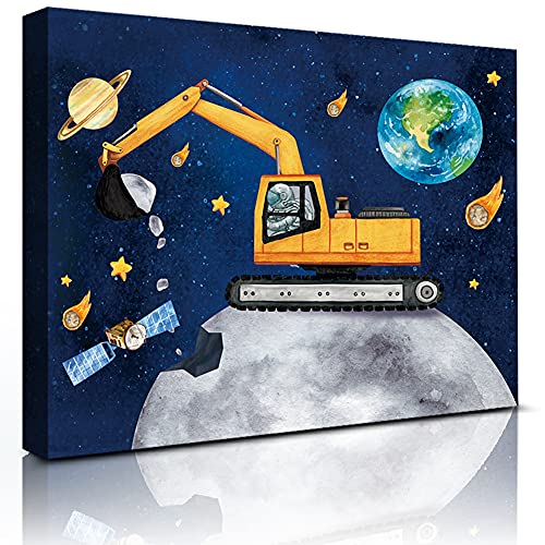 HLNIUC Outer Space Room Wall Art, Space Theme Posters Astronaut Construction Canvas Prints (12”X16”,Framed), Planet Stars Trucks Universe Art Print For Kids Boys room Playroom Decor-Ready To Hang