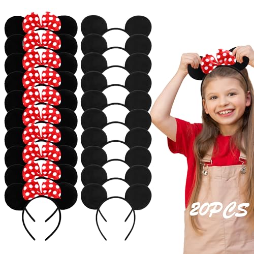Lucky Will 20 Pack Mouse Ears Headband Classic Solid Black and Red Bow Ears Headbands Bulk for Kids and Adults - Boys & Girls Mouse Themed Birthday Party Supplies