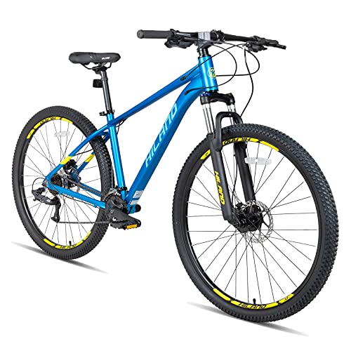Hiland 29 inch Mens Mountain Bike,17/19 inch Frame,Hydraulic Disc-Brake,Lock-Out Suspension Fork, 16 Speeds Trail Bike,Bicycle for Men Adult Light Blue