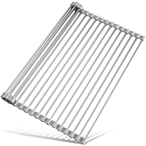 Tomorotec 17.7' x 15.5' Roll Up Dish Drying Rack Over Sink Drying Rack Sink Cover Kitchen Sink Accessories Gadget Multipurpose Organizer Foldable Stainless Steel Drainer (Grey)