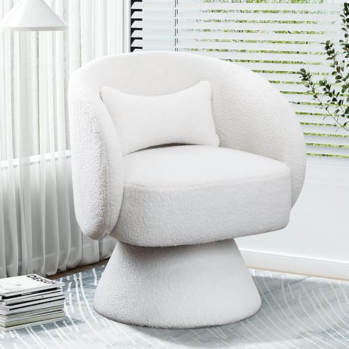 Nolohoo Swivel Barrel Chair, Upholstered Swivel Cuddle Accent Sofa Chairs for Living Room, 360 Degree Modern Round Boucle Sherpa Swivel Teddy Armchair for Bedroom, Office (White)