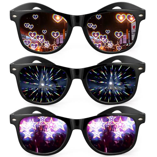 3Pcs Diffraction Glasses, 3D Prism Rainbow Heart Star Effect Light Refraction Glasses Rave Glasses Women Men for Edm Party