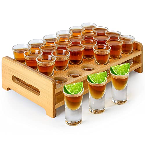 Supwinnet Shot Glasses Set 24pcs 0.5oz/15ml Mini Shot Glasses with Tray Holder Organizer Thick Base Clear Glass Cups Glassware for Party Club Bar Spirit Tasting Tool Set of 24