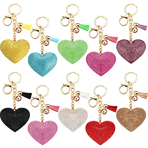 Bling Rhinestone Heart Shape Keychains Glitter Crystal Heart Tassel Keychains Key Rings for Women Girls (Mixed Color, 10)