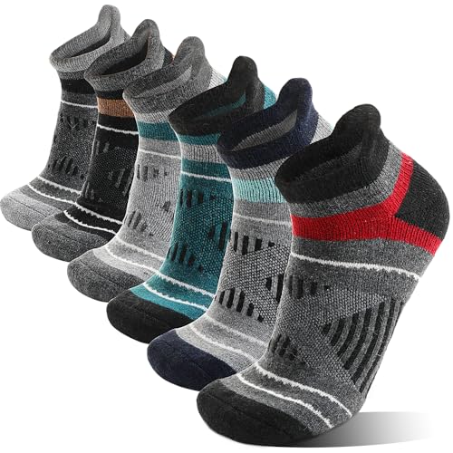 EBMORE Merino Wool Ankle Hiking Socks Compression Warm Winter Thermal Thick Cushion No Show Running Moisture Wicking Athletic Socks Gifts Stocking Stuffers for Men Women 6 Pairs(Color Mix，L)
