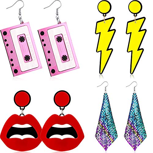 4 Pairs 80s Retro Earrings 1980s Retro Neon Earrings 80s Costume Earrings Exaggerated Earrings for Women Girls (Traditional Style)