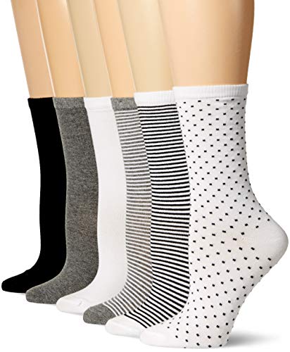 Amazon Essentials Women's Casual Crew Socks, 6 Pairs, Multicolor/Dots/Solid/Thin Stripe, 8-12