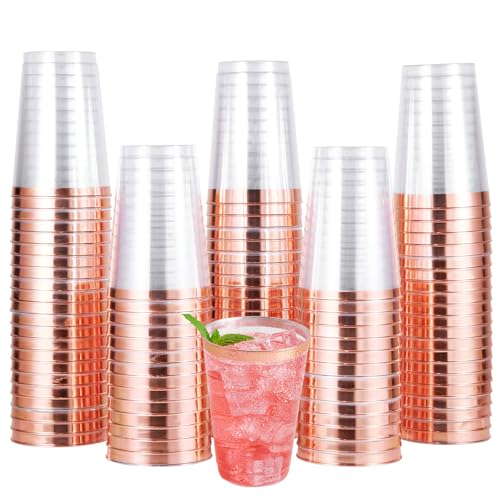 JOLLY CHEF 100 Pack Rose Gold Plastic Cups, 12 oz Clear Plastic Cups Tumblers, Elegant Rose Gold Rim Disposable Plastic Cups Perfect for Party Wedding