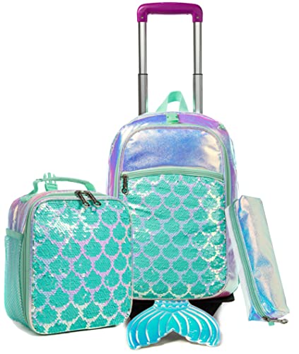 Meetbelify Rolling Backpack for Girls Mermaid Luggage Magic Sequin Suitcase Wheels Trolley Trip Laptop Backpack with Lunch Box for Teen Girls Students