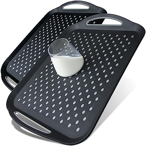Large Nonslip Serving Tray with Handles, Silicone Grippy Dots Food Trays for Eating, Dishwasher Safe Lap Trays for Breakfast Dinner Snack Fruit Appetizers Beverage, Rectangular, Set of 2, Black