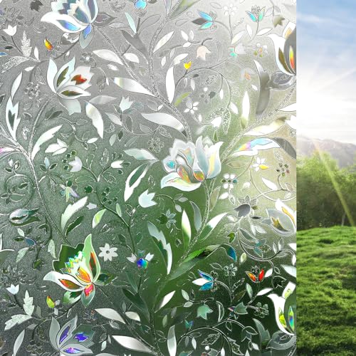 rabbitgoo Window Privacy Film, Decorative Stained Glass Window Film, Sun Blocking Window Clings, Renter-Friendly Static Cling Frosted Window Sticker Covering for Home, Rainbow Tulip 17.5' x 78.7