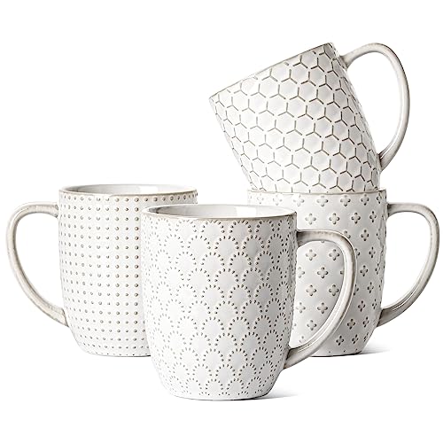 LE TAUCI Coffee Mugs 16oz,Ceramic Mug Set, Housewarming Wedding Gift, Embossment Cups for Latte, Hot Tea, Cappuccino, Mocha, Cocoa, Microwave Safe - 3.8 inch, Set of 4, Arctic White