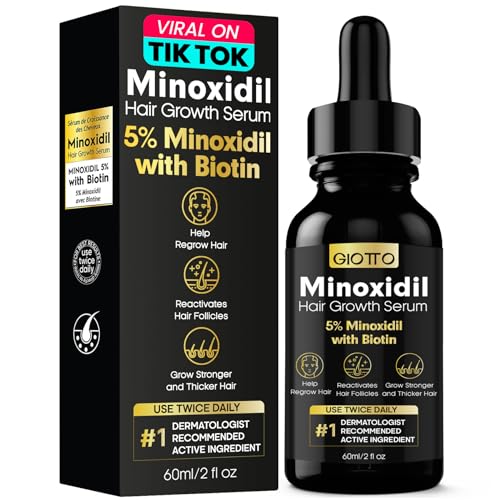 GIOTTO 5% Minoxidil Hair growth Serum for Men and Women - Infused with Biotin, Niacinamide and Panthenol - Anti Hair Loss Treatment For Stronger and Longer Hair - 2 Fl Oz