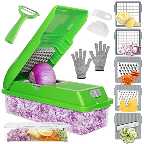 LHS Vegetable Chopper, Multifunctional 10-in-1 Food Chopper, Pro Onion Chopper, Vegetable Slicer Dicer Cutter with 5 Blades, Veggie Chopper with Container, Gloves Included