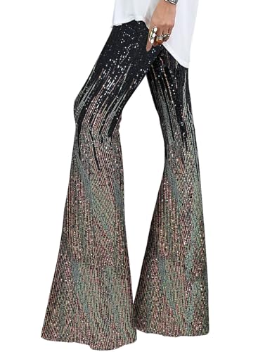 EVALESS Women's High Waist Sparkly Sequin 70's Disco Wide Leg Flare Pants Lounge Trousers Bell Bottom Multicolor M 8 10