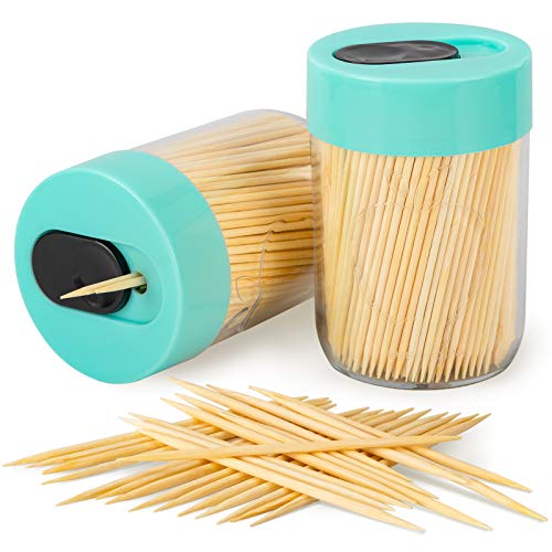 Urbanstrive Sturdy Safe Toothpick Holder with 800 Natural Wood Toothpicks for Teeth Cleaning, Unique Home Design Decoration, Unusual Gift, 2 Pack, Light Blue