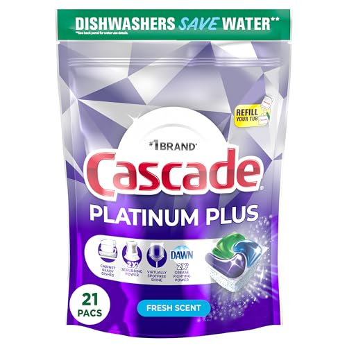 Cascade Platinum Plus Dishwasher Pods, Dish Detergent ActionPacs, Fresh, 21 Count
