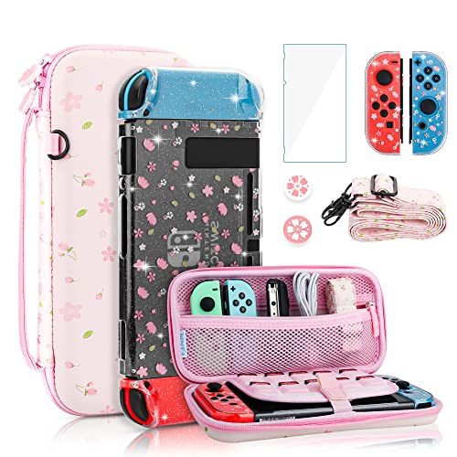 FANPL Cute Carrying Case Bundle for Nintendo Switch Case, Pink Switch Case Accessories Kit with Flower Hard Travel Case, Glitter Sakura PC Cover, Adjustable Strap, Screen Protector, Thumb Grip Caps
