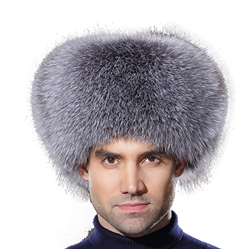 URSFUR Winter Men Fur Hat Real Silver Blue Fox Fur Russian Ushanka Trapper Cap