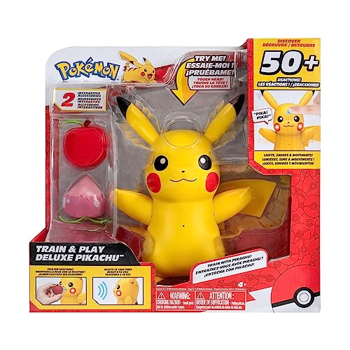 Pokémon Train and Play Deluxe Pikachu - 4.5-Inch Pikachu Figure with Lights, Sounds, and Moving Limbs Plus Interactive Accessories