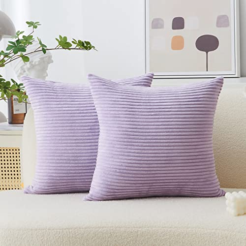 Home Brilliant Light Purple Pillow Covers 18x18 Set of 2 Striped Corduroy Decorative Throw Pillow Covers Cushion Covers for Office Couch Chair, 18x18 Inch, Lavender