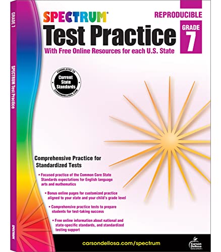 Spectrum 7th Grade Test Practice Workbooks All Subjects, Ages 12 to 13, Grade 7 Test Practice, Language Arts, Reading Comprehension, Vocabulary, Writing and Math Reproducible Book - 160 Pages