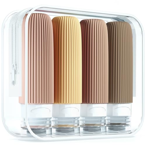 Mrsdry Travel Bottles for Toiletries, Tsa Approved 3oz Portable Travel Bottles, BPA Free Leak Proof Squeezable Silicone Travel Size Containers, Travel Accessories with Clear Toiletry Bag (4 Pack)