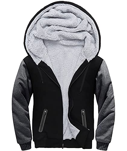 Men's Zip Up Hoodie Heavyweight Winter Sweatshirt Fleece Sherpa Lined Warm Jacket(Black/Grey,Large)