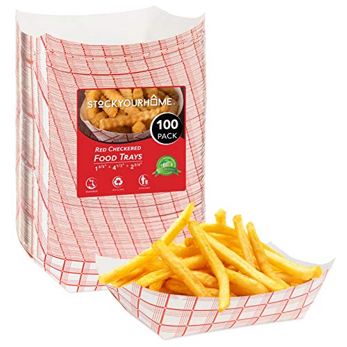 Medium Paper Food Boats (100 Pack) 2 Lb Disposable Red & White Checkered Paper Food Trays, Eco Friendly Paper Food Trays, Serving Boats for Concession Food & Condiments, Paper Nacho Trays 4.5' x 2.75'