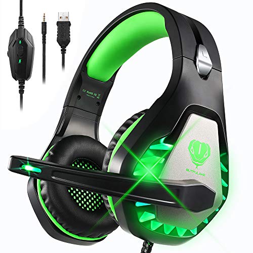 DIWUER Stereo Gaming Headset for Nintendo Switch, PS4, Xbox One with Noise Cancelling Mic, Soft Earmuffs Surround Sound Over Ear Headphones with LED Light for PC (Green)