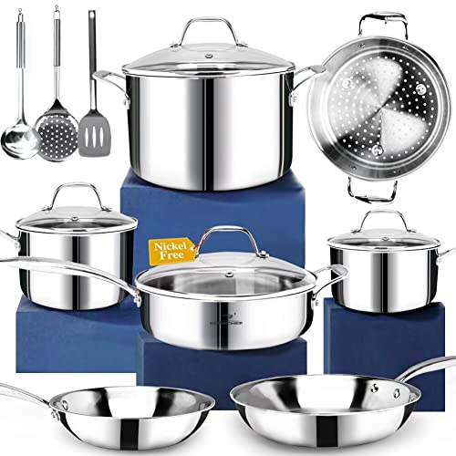 HOMICHEF 14-Piece Nickel Free Stainless Steel Cookware Set Whole-Clad 3-Ply - Mirror Polished Pots And Pans Set - Healthy Cookware Set With Steamer - Non-Toxic Induction Cookware Sets